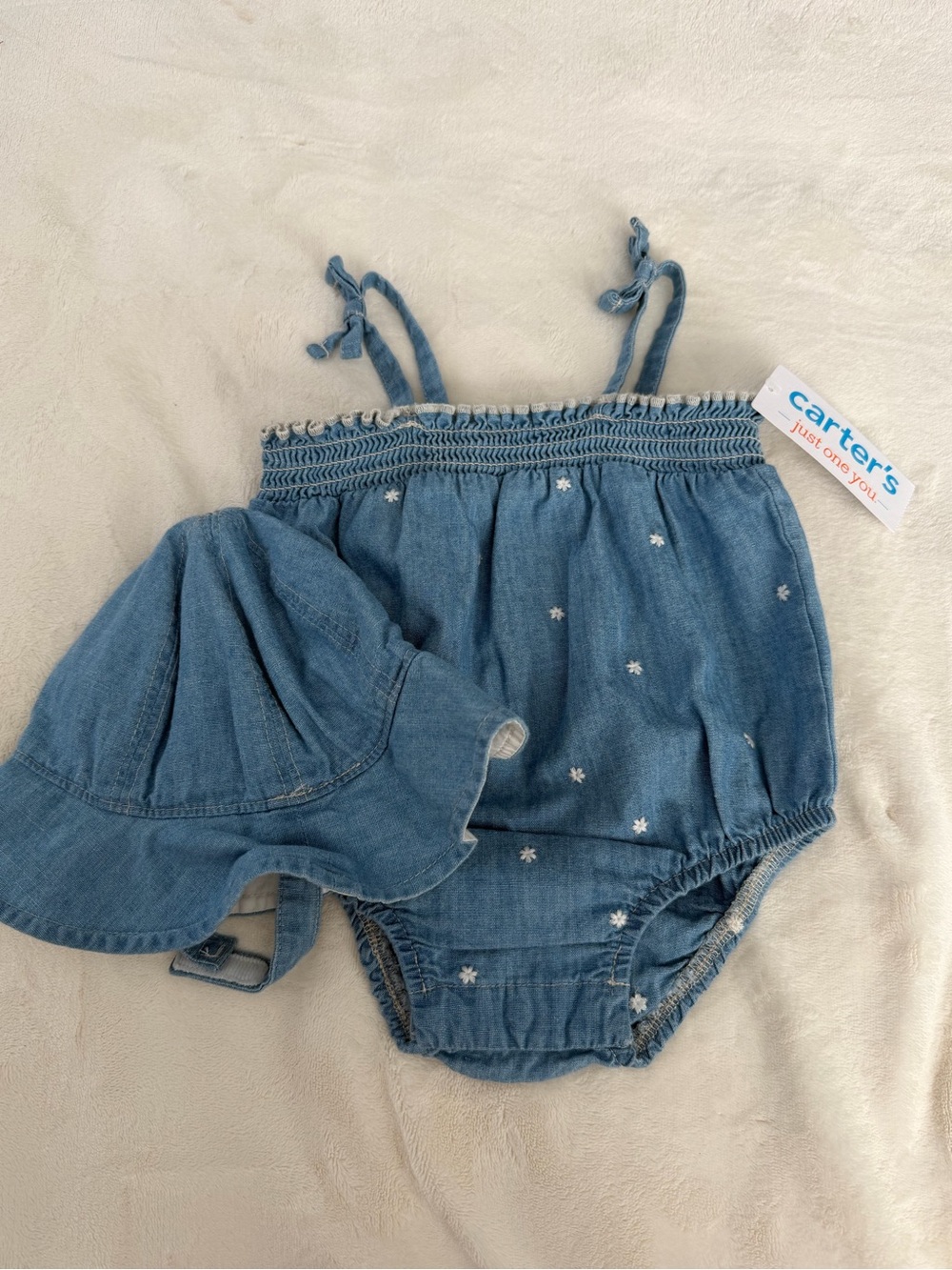 Carter's Blue Denim Baby Romper with Matching Sun Hat